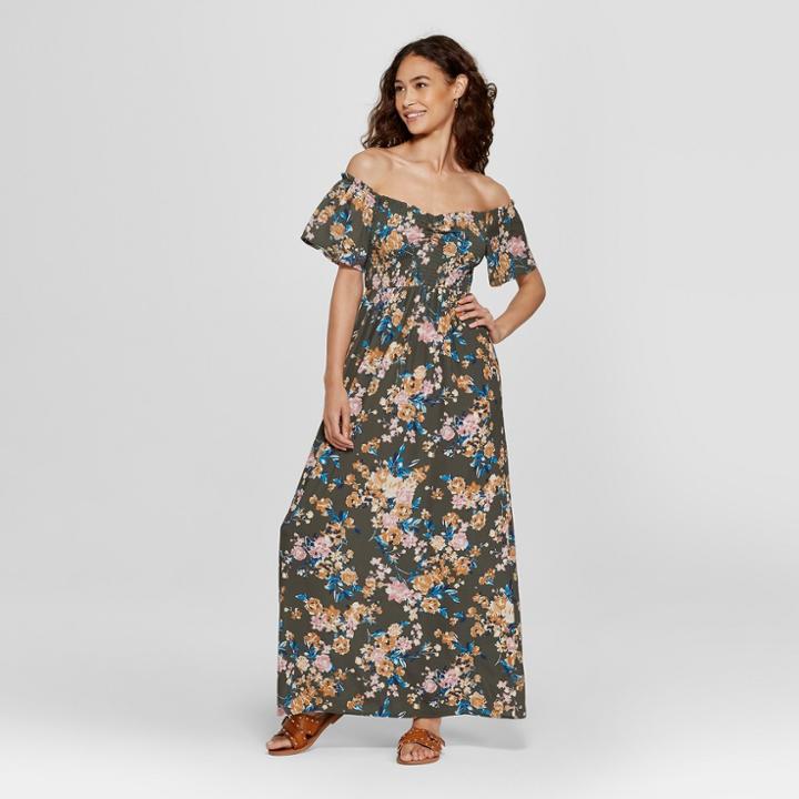 Women's Smocked Top Off The Shoulder Floral Maxi Dress - Xhilaration Olive (green)