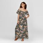Women's Smocked Top Off The Shoulder Floral Maxi Dress - Xhilaration Olive (green)
