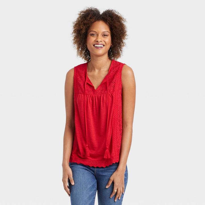 Women's Eyelet Lace Rib Knit Tank Top - Knox Rose Rebel Red