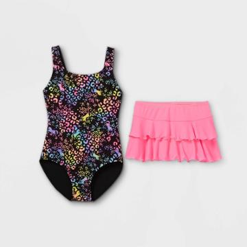 Girls' Leopard Unicorn Tie-dye Print One Piece Swimsuit Set With Ruffle Skirt - Cat & Jack Pink