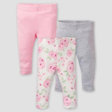 Gerber Baby Girls' 3pk Floral Pull-on Pants - Pink/off-white/gray