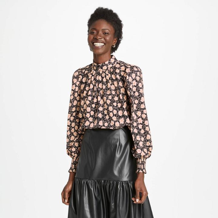 Women's Puff Long Sleeve Boat Neck Top - Who What Wear Jet Black Floral