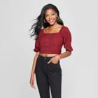 Women's Polka Dot Button Front Square Neck 3/4 Sleeve Cropped Top - Xhilaration Burgundy (red)