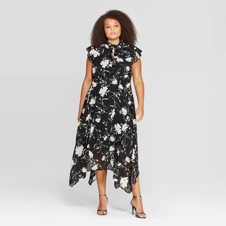 Women's Plus Size Floral Print Casual Fit Sleeveless Collared Midi Dress - Who What Wear Black/white 1x, Women's,