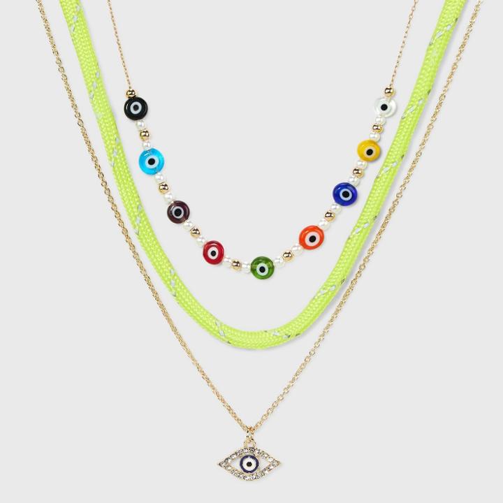 Mixed Bead And Simulated Pearl Eye Charm Choker Necklace Set 3pc - Wild Fable , White