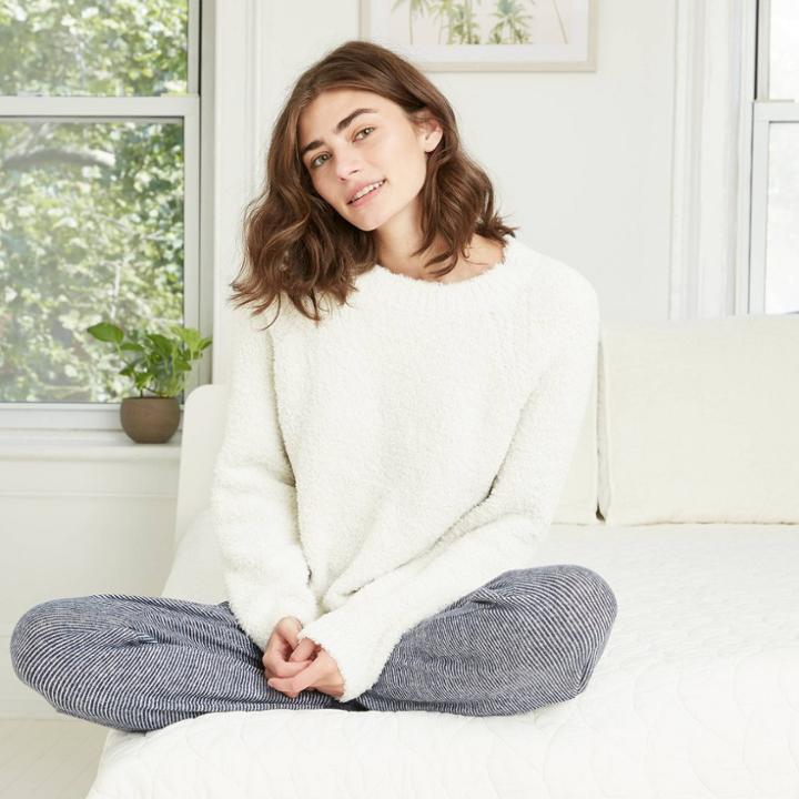 Women's Cozy Plush Chenille Sleep Pullover Sweater - Stars Above Cream