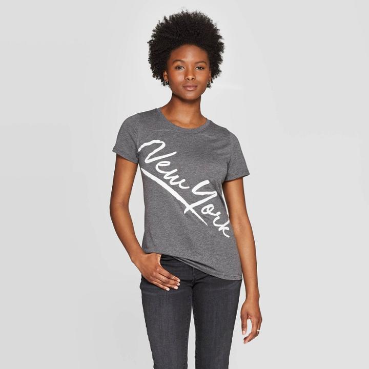 Women's Short Sleeve Scoop Neck New York Brush Graphic T-shirt - Awake Gray