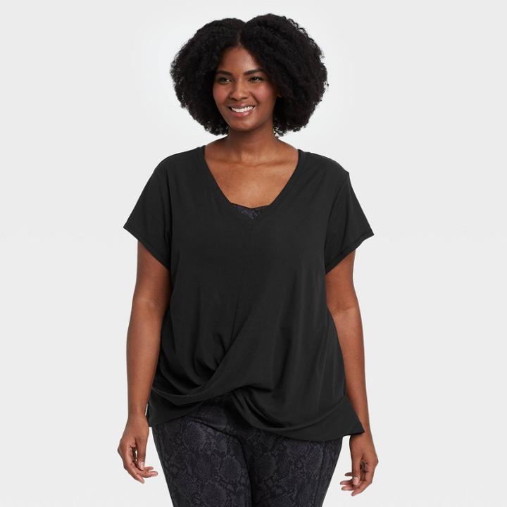 Women's Plus Size Short Sleeve Twist-front Ribbed T-shirt - All In Motion Black