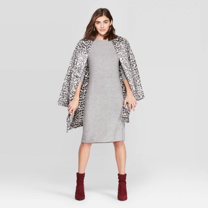 Women's Long Sleeve Crewneck Rib Knit Dress - A New Day Heather Gray L, Women's, Size: Large, Grey Gray