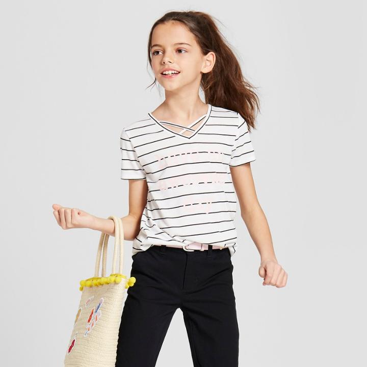Grayson Social Girls' 'have An Awesome Day' Striped Short Sleeve T-shirt - Black/white