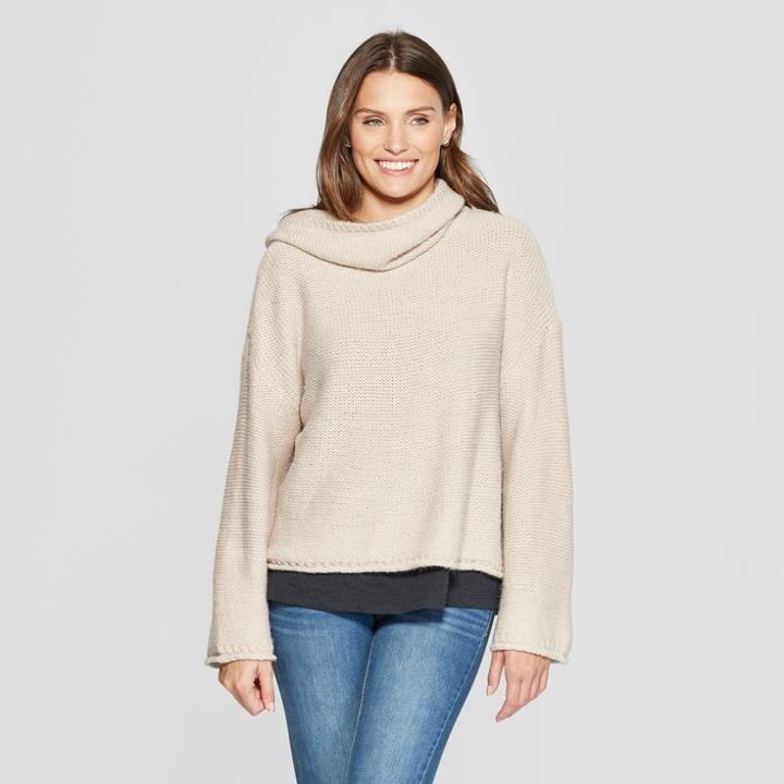 Women's Cowl Neck Pullover - Universal Thread Beige