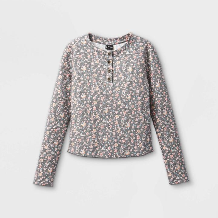 Girls' Floral Henley Long Sleeve T-shirt - Art Class Black