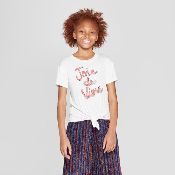 Girls' Short Sleeve Tie Front Top - Art Class White