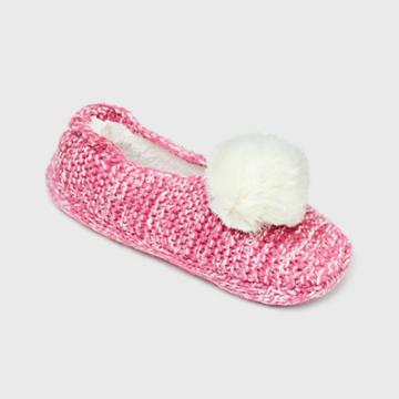 Women's Knit Ballerina Slipper Socks With Faux Fur Poms - Stars Above Pink