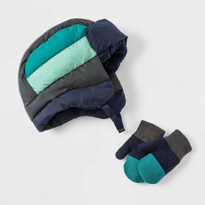 Toddler Boys' 2pk Colorblock Trapper With Magic Mittens Set - Cat & Jack 2t-5t, Grey/gray/green