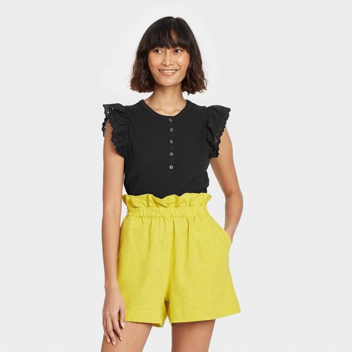 Women's Eyelet Ruffle Sleeve Tank Top - Who What Wear Black