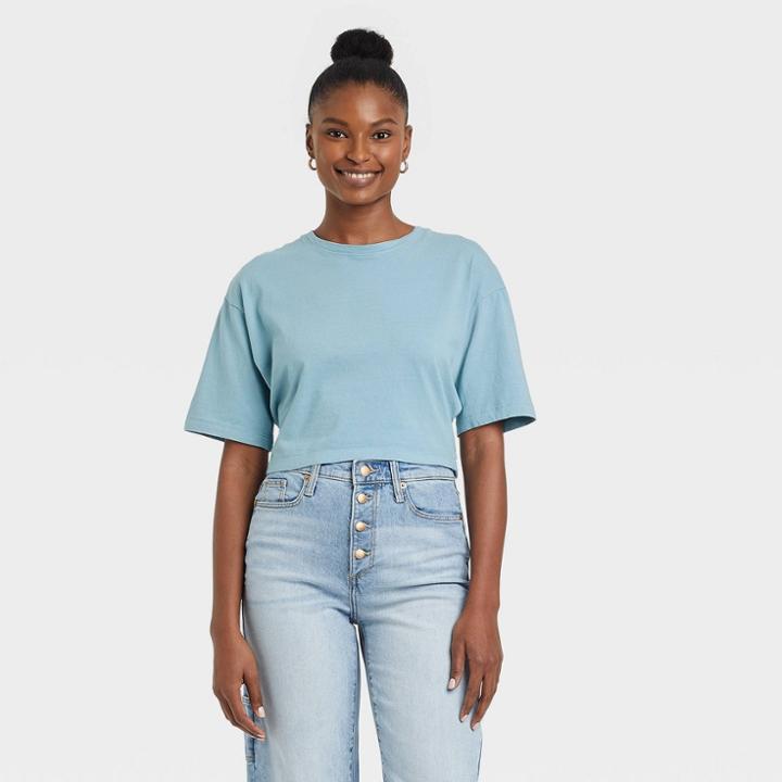 Women's Tie Back Short Sleeve Cropped T-shirt - Universal Thread Blue
