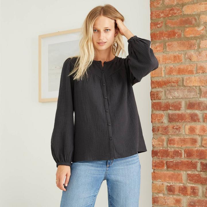 Women's Puff Long Sleeve Button-front Blouse - Universal Thread Gray