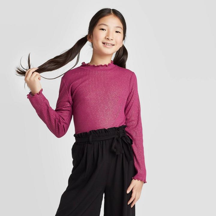 Girls' Long Sleeve Lettuce Edge Mock Neck Top - Art Class Plum Xs, Girl's, Red