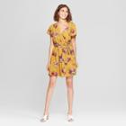 Women's Floral Print Short Sleeve V-neck Dress - Lily Star (juniors') Mustard