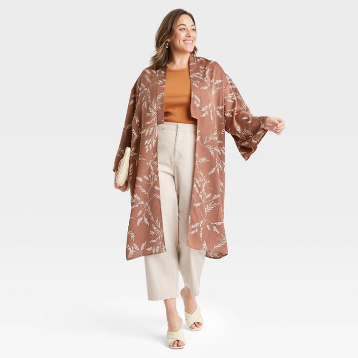 Women's Plus Size Woven Printed Duster - A New Day Taupe One Size, Brown