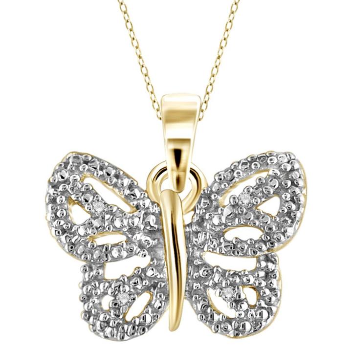 Target Women's Sterling Silver Accent Round-cut White Diamond Pave Set Butterfly Pendant - Yellow