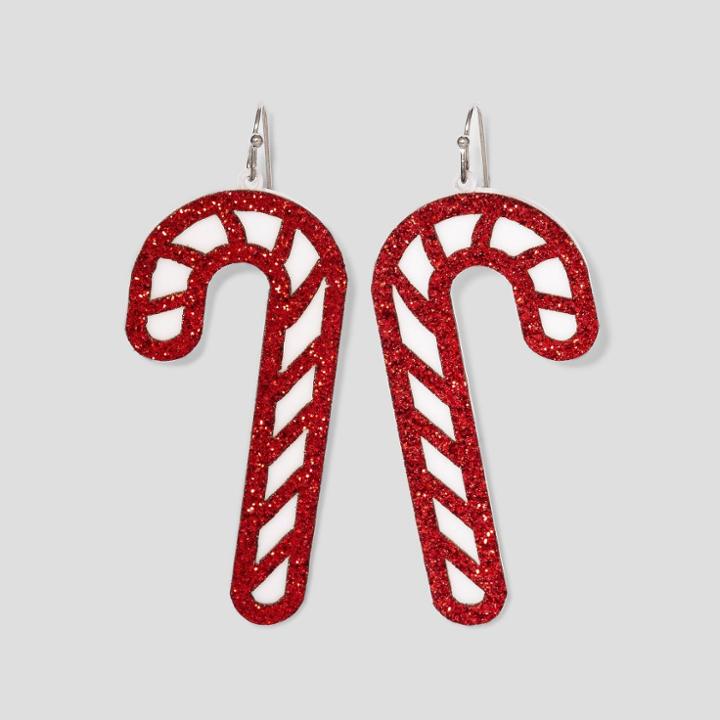 No Brand Glitter Candy Cane Earrings - Red
