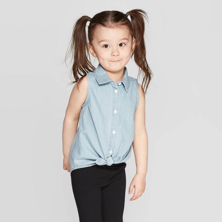 Toddler Girls' Sleeveless Button-down Shirt - Cat & Jack Blue
