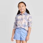 Girls' Long Sleeve Woven Button-down Shirt - Cat & Jack Lilac Plaid S, Girl's, Size: