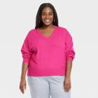 Women's Plus Size Fine Gauge V-neck Sweater - A New Day Magenta
