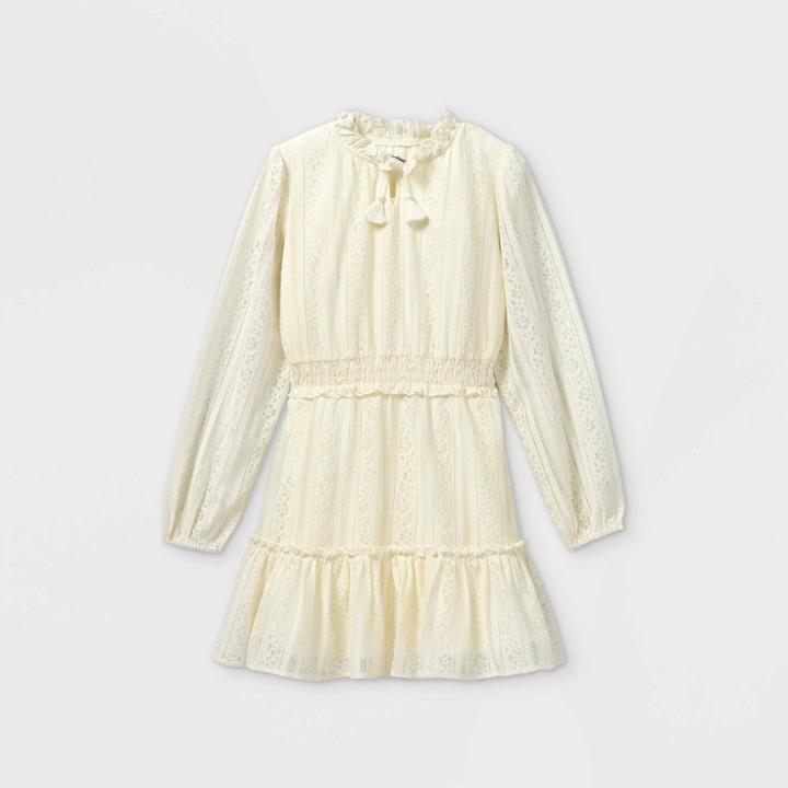 Girls' Lace Smock Waist Long Sleeve Dress - Art Class Ivory