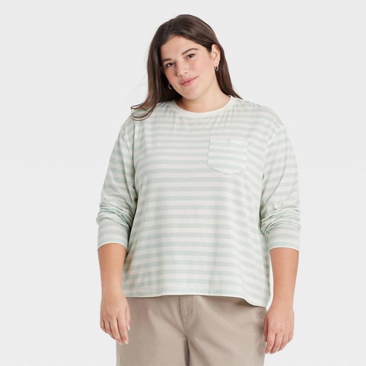 Women's Plus Size Striped Slim Fit Long Sleeve Round Neck Pocket T-shirt - A New Day