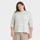 Women's Plus Size Striped Slim Fit Long Sleeve Round Neck Pocket T-shirt - A New Day