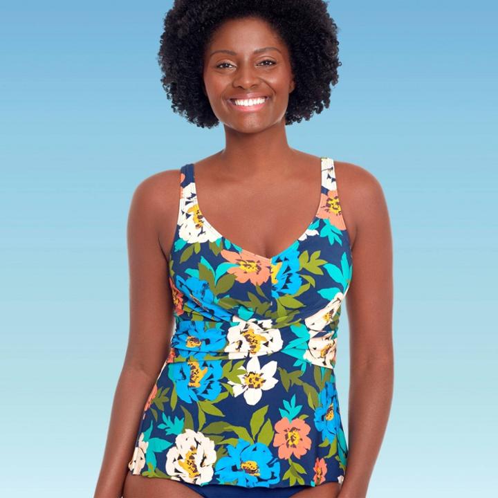 Women's Slimming Control Wrap-front Tankini Top - Dreamsuit By Miracle Brands Blue Floral