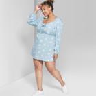Women's Floral Print Plus Size Long Sleeve Bow Front Dress - Wild Fable Blue Stencil/ivory