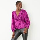 Women's Floral Print Puff Long Sleeve Wrap Top - A New Day Purple