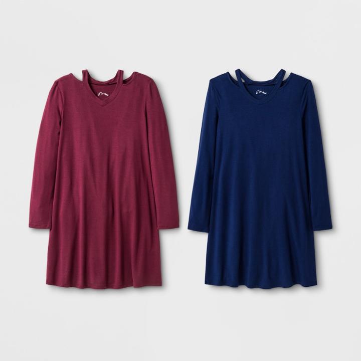 Girls' Long Sleeve Cold Clavicle 2pk A Line Dress - Art Class Blue/maroon