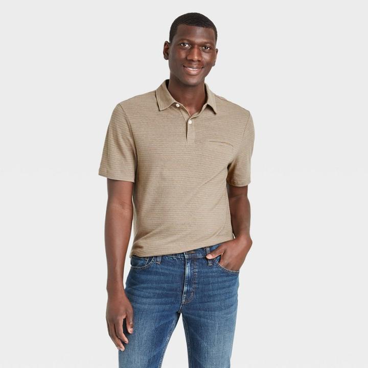 Men's Striped Short Sleeve Collared Polo Jersey Shirt - Goodfellow & Co Tan