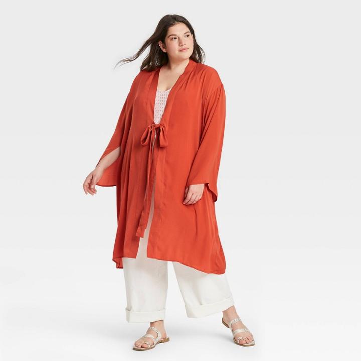 Women's Plus Washed Satin Duster - A New Day Orange