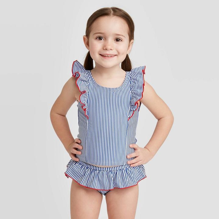 Toddler Girls' Ruffle Sleeve Stripe Tankini Set - Cat & Jack Underwater Blue