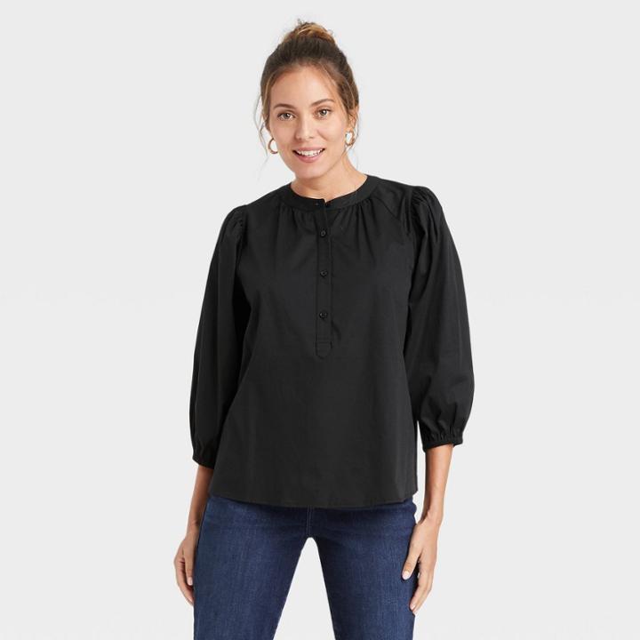 Women's Puff 3/4 Sleeve Blouse - A New Day Black