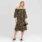 Women's Floral Print Puff Long Sleeve Off The Shoulder Midi Dress - Who What Wear Black