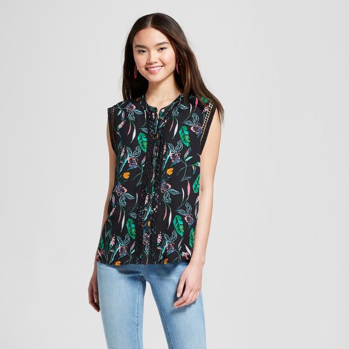 Women's Printed Sleeveless Crochet Detail Blouse - A New Day Black