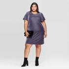Women's Plus Size Flutter Short Sleeve Crewneck Velour Midi Dress - Ava & Viv Blue 1x, Women's,