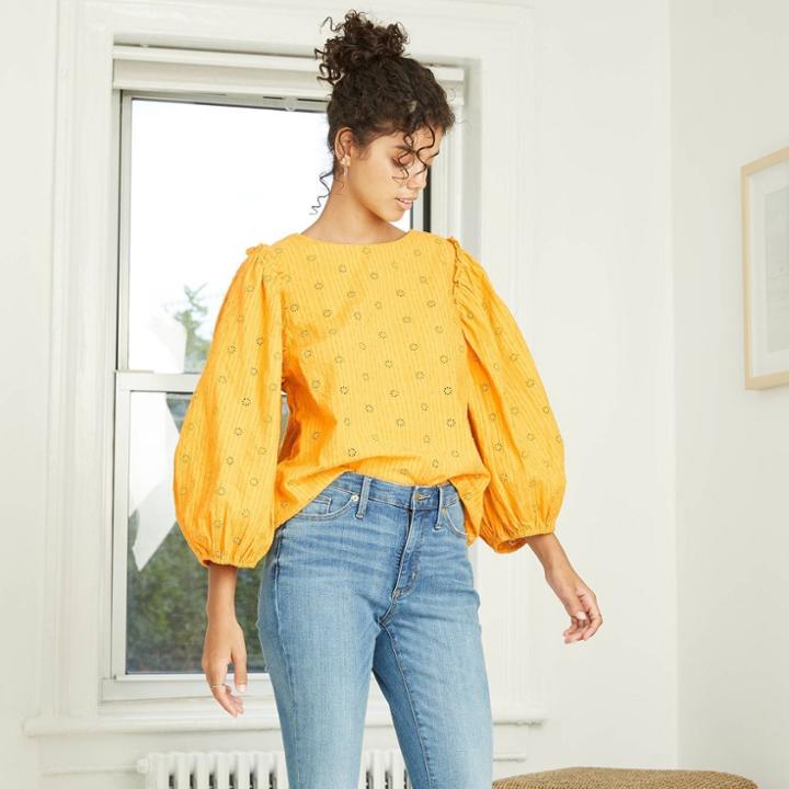 Women's Striped Puff 3/4 Sleeve Eyelet Blouse - Universal Thread Yellow