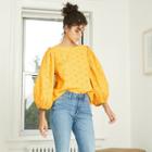 Women's Striped Puff 3/4 Sleeve Eyelet Blouse - Universal Thread Yellow