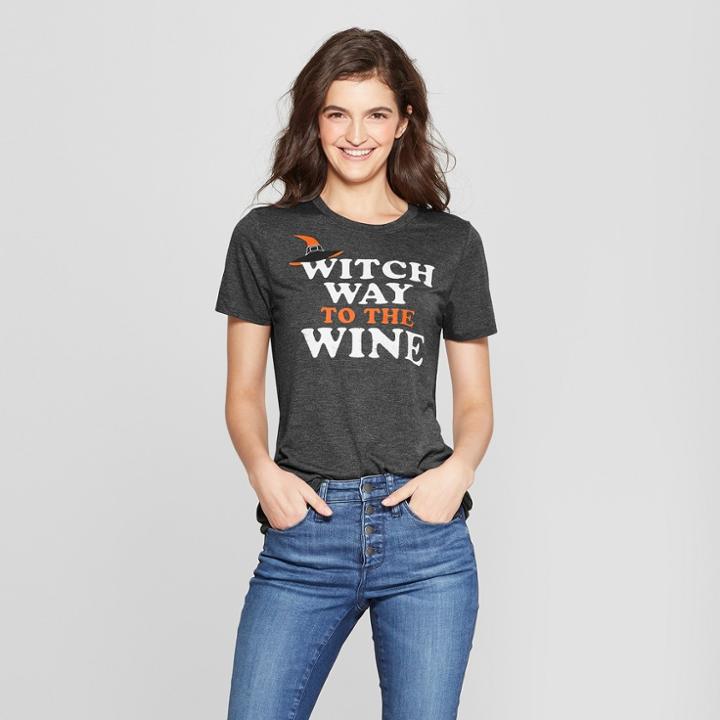 Women's Short Sleeve Witch Way To The Wine Graphic T-shirt - Modern Lux Charcoal