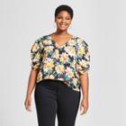 Women's Plus Size Floral Print Pleated Short Sleeve Top - Ava & Viv Black/yellow