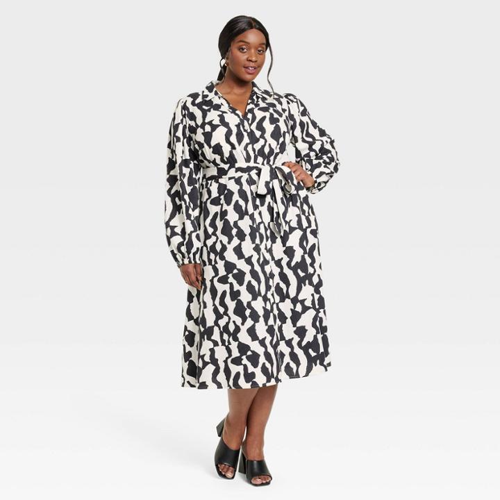Women's Balloon Long Sleeve Shirtdress - Ava & Viv Black
