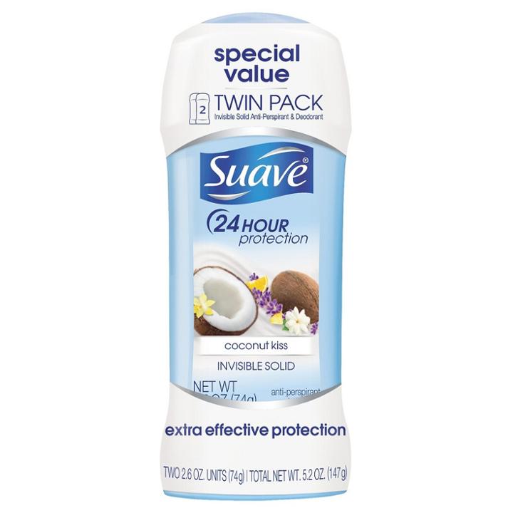Suave Coconut Kiss Invisible Solid Antiperspirant Deodorant 2.6 Oz, Twin Pack
